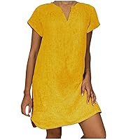Summer Womens Cotton Linen Beach Dress Casual Short Sleeve V-Neck T-Shirt Dress Loose Tunic A-Line Flowy Swing Midi Dresses