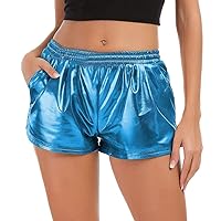 Women Metallic Shorts Sparkly Shiny Elastic Waist Yoga Sport Workout Lounge Shorts with Pockets Summer Hot Pants