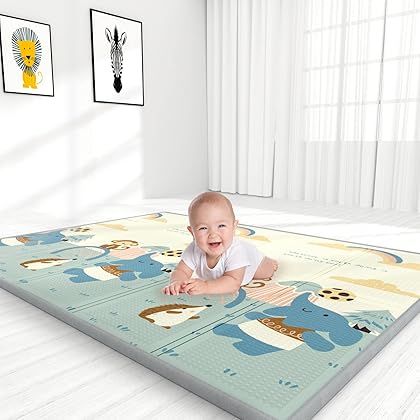 YOOVEE Foldable Baby Play Mat for Crawling, Extra Large Play Mat for Baby, Waterproof Non Toxic Anti-Slip Reversible Foam Playmat for Baby Toddlers Kids (Whale & Elephant)
