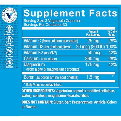 The Vitamin Shoppe Plant-Based Algae Calcium Bone Formula with Magnesium, D3, K2 for Bone Support (90 Veggie Capsules)