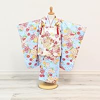 Girl Shichi-Go-San 3 Years Old Cloth Kimono Set, Blue, Light Blue, White, Classic, Cherry Blossom, Squeeze Pattern