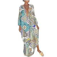 Women 2023 Fall Vacation Dresses Deep V Neck Button Down Henley Maxi Dress Ethnic Style Casual Long Sleeve Dresses