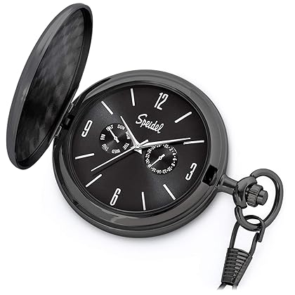 Speidel Classic Brushed Satin Engravable Pocket Watch with 14 inch Chain, Seconds Hand, Day and Date Sub-Dials with Custom Engravable Options