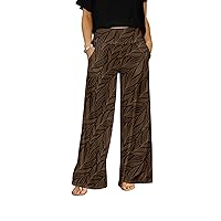 Women's Wide Leg Pants with Pockets Brown/Leaves Print