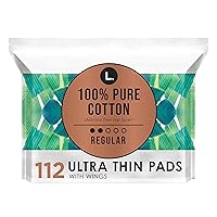 L. Pure Cotton Topsheet Pads for Women, Regular Absorbency, Ultra Thin Pads with Wings, Unscented Menstrual Pads, 28 Count x 4 Packs (112 Count Total) (Packaging May Vary)