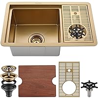 AS15XGC Brushed Gold Bar Sink with Glass Rinser Stainless Steel Undermount Prep Kitchen Sink 23-1/4 x 14 Inches Single Bowl with Cutting Board