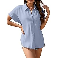 Womens Button Down Shirt Casual Short Sleeve Collared Work Blouse with Pocket