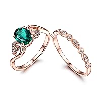 14K Rose Gold Half Eternity Emerald Wedding Set,Milgrain Diamond Engagement Ring,Stacking Band Set