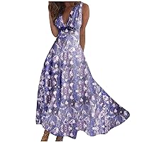 Summer Dresses for Women 2024 Vacation, Spring Warp V Neck Sleeveless Maxi Dress,Boho Floral Casual Pleated Sundresses