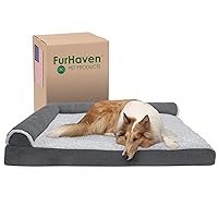 Furhaven Cooling Gel Dog Bed for Large Dogs w/ Removable Bolsters & Washable Cover, For Dogs Up to 125 lbs - Two-Tone Plush Faux Fur & Suede L Shaped Chaise - Stone Gray, Jumbo Plus/XXL