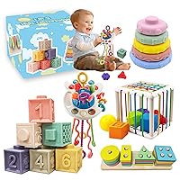 5 in 1 Baby Toys 6 to12-18 Months,Montessori Toys for Babies Toddlers,Pull String Baby Teething Toys,Baby Blocks Toys for 1-3 Year Old,Colour Cube Bin Sensory Toys Boy and Girl Gift