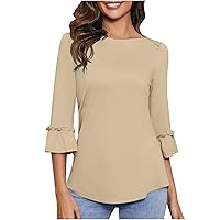 Womens Tops Dressy Casual 3/4 Bell Sleeve Dressy Blouses Loose Fit Work Tunic Shirts Plain Round Neck T Shirts