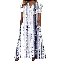 Women's Summer V Neck Short Sleeve Midi Tshirt Dresses Casual Floral Print Color Block Tunic Dress with Pockets