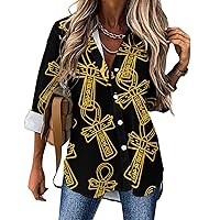 Egypt Ankh Women's Button Down Shirts Long Sleeve Loose Blouses Tops Casual V Neck Tunic