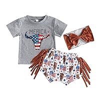 Toddler Baby Girl 4th of July Outfit Cow Print Tops & American Flag Shorts with Headband Summer 3Pcs Clothes Set