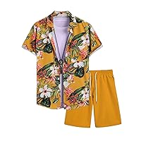 OYOANGLE Men's 2 Piece Outfits Boho Tropical Print Short Sleeve Button Down Shirt and Drawstring Waist Shorts Set