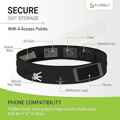 FlipBelt Classic Running Belt for Phone and Small Accessories, Exercise Waist Pouch for Women and Men