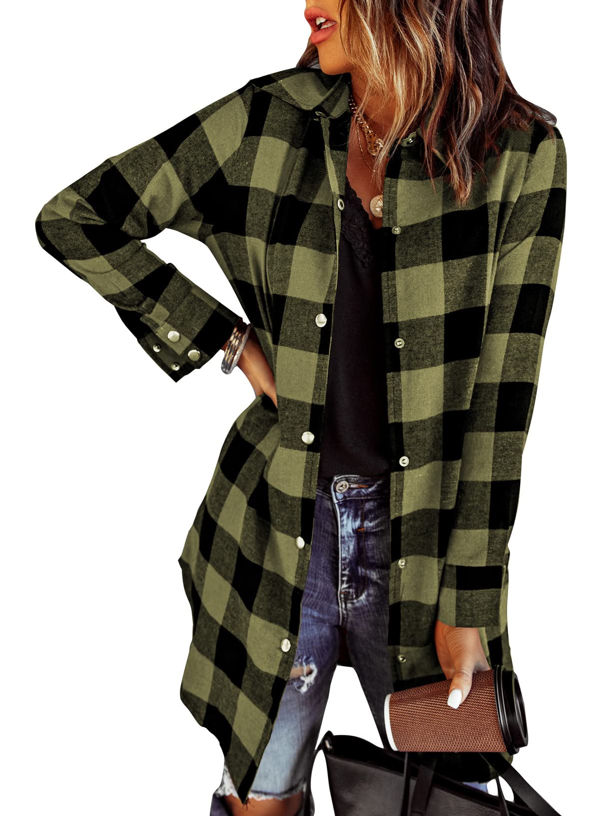 EVALESS Color Block Plaid Shacket Jacket Women Cute V Neck Long Sleeve Button Down Blouses Tops Flannel Shirts Jackets Coats