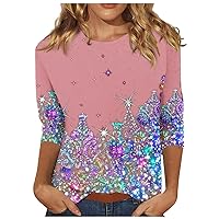 Women Fall Fashion 2023, Christmas Tops Long Sleeve Shirts Women's Printed Three Quarter Pullover Tops Regular Casual T Shirts for T Shirts Holiday Plaid Cute Outfits Shirts (XXL, Pink)