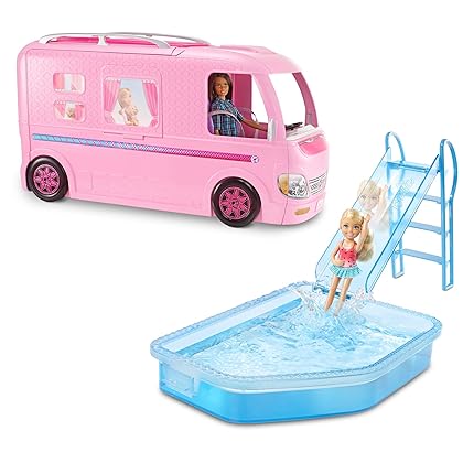 Barbie Camper Playset, Dreamcamper Toy Vehicle with 50 Accessories Including Furniture, Pool & Slide, Hammocks & Fireplace (Amazon Exclusive),Pink