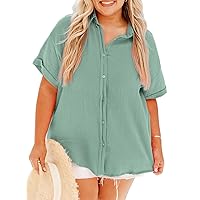 Eytino Women Plus Size Linen Shirts Roll Up Short Sleeve V Neck Button Down Casual Loose Blouse Tops(1X-5X)