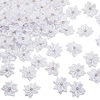 100 Pcs Satin Ribbon Flowers Bows Rhinestone Appliques 1.1 Inch DIY Mini Flowers Tiny Flower Applique Ribbon Flowers for Wedding Party Supply Home Decor Craft Embellishment (White)