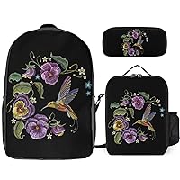 Flowers Hummingbirds 17 Inch Laptop Backpack Durable Daypack Lunch Bag Pencil Case Set For Sports Work Travel