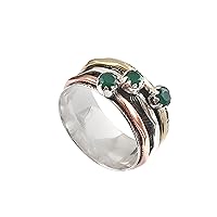 Three Gemstone Emerald Spinner Ring Textured Band Spinning Meditation Ring Fidget Ring 925 Sterling Silver Ring Jewelry