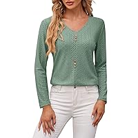 Ladies Spring/Summer New V Neck Casual Blouse Loose Button Long Sleeved Hollow Out T-Shirt Solid Color Temperament Tops
