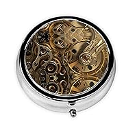 Cool Steampunk Gears Print Round Pill Box, Metal Iron Plating Round Mini Medicine Storage Box