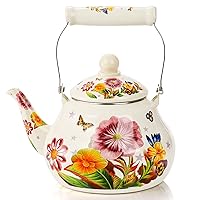 ZEAYEA 2.6 Quart Enamel Tea Kettle for Stovetop, Floral Enamel on Steel Teapot with Ceramic Non-Heating Handle, Vintage Hot Water Tea Kettle for Induction
