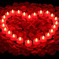 cridoz Red Rose Petals for Romantic Night for him Set, 2000 Pieces Artificial Rose Petals with 24 Pieces Red Flameless LED Candles for Decoration Wedding Party Valentine's Day(Red)