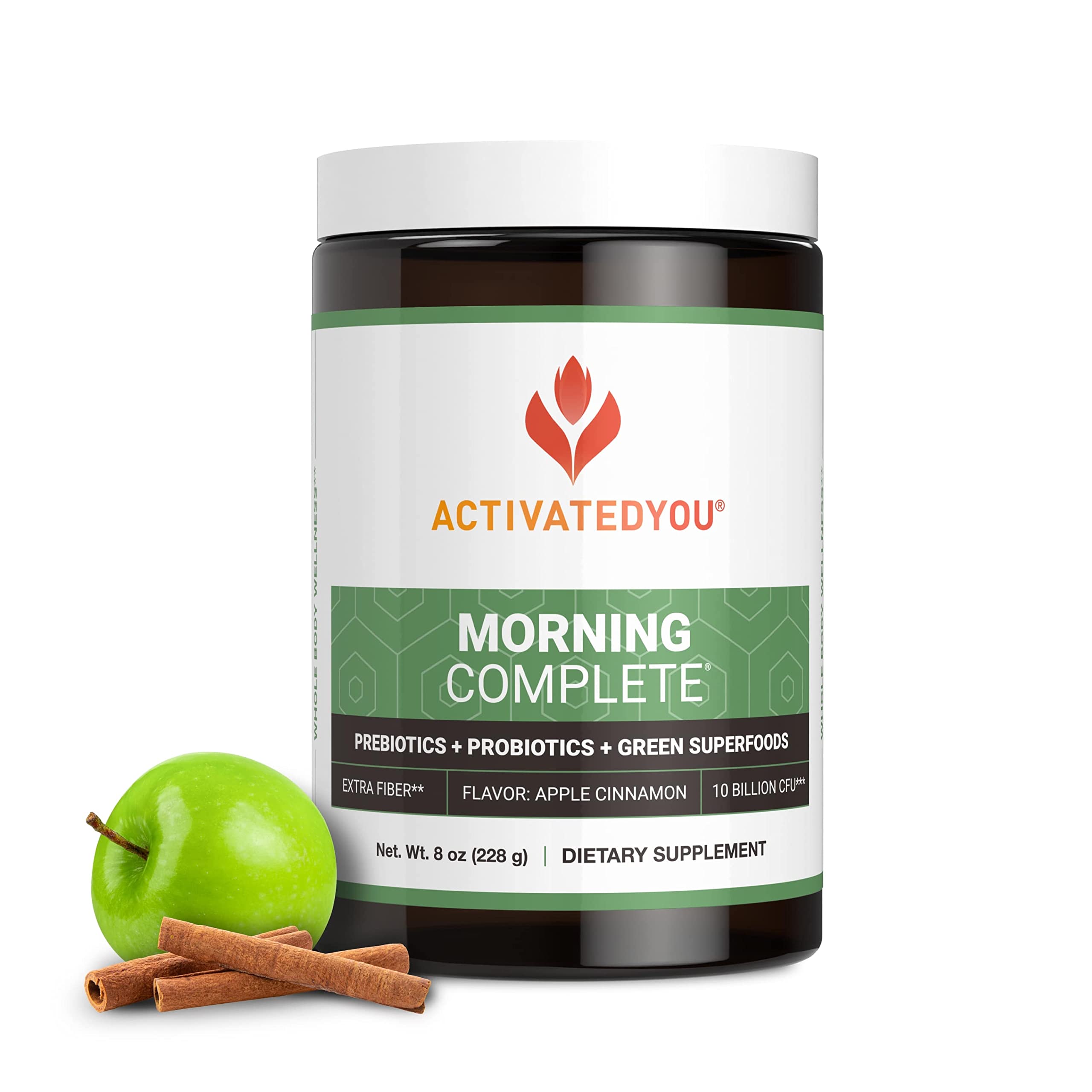 ACTIVATEDYOU Morning Complete Prebiotics, Probiotics, Green Superfoods (Apple Cinnamon) + Essential Skin Food Collagen, Elastin Support, 30 Servings