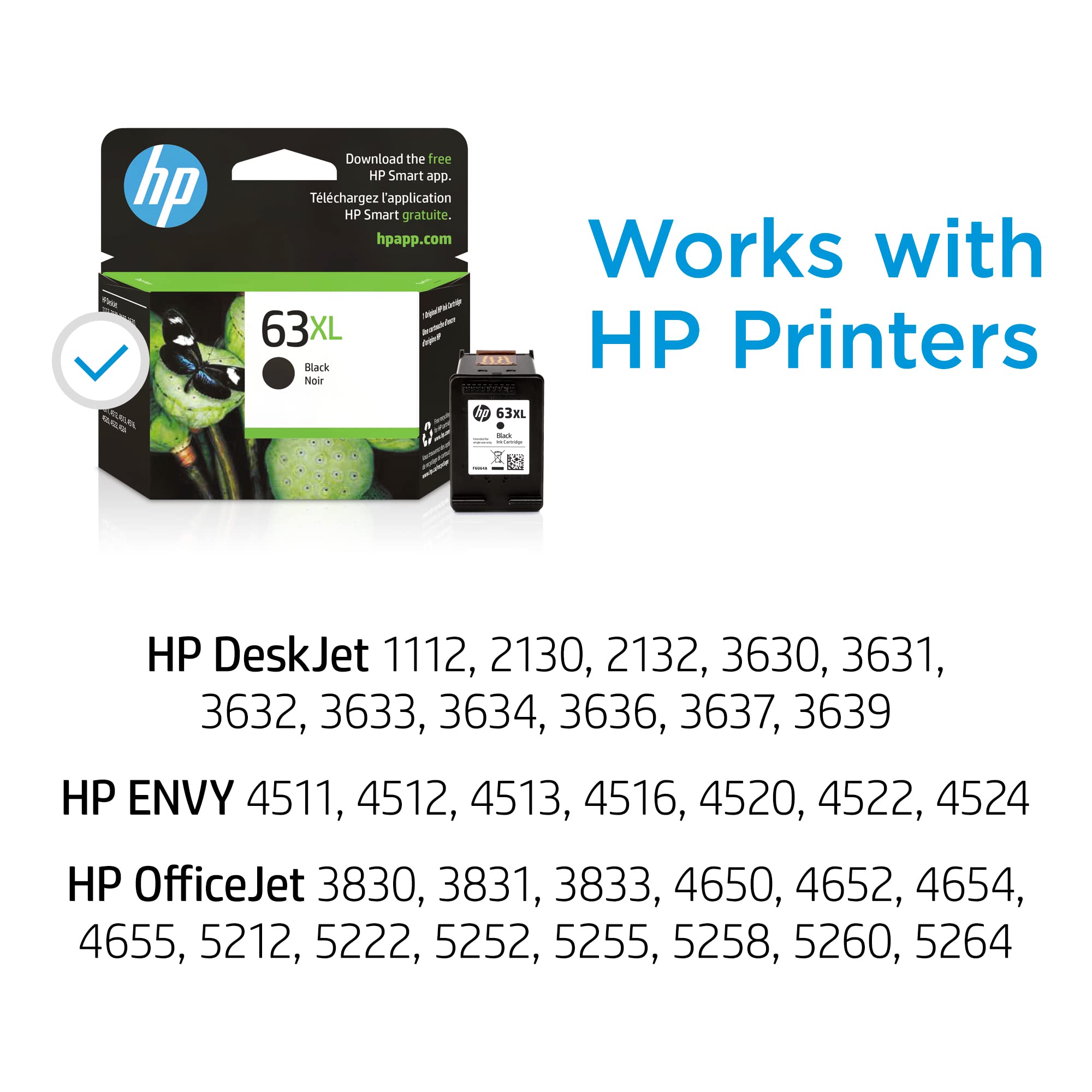 HP 63XL Black High-yield Ink Cartridge | Works with HP DeskJet 1112, 2130, 3630 Series; HP ENVY 4510, 4520 Series; HP OfficeJet 3830, 4650, 5200 Series | Eligible for Instant Ink | F6U64AN