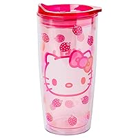 Sanrio Hello Kitty Strawberry Double Wall Travel Tumbler with Slide Close Lid, 20 Ounces