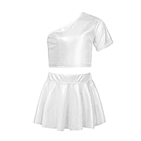 TiaoBug Kids Girls Latin Jazz Cheer Dance Outfits Shiny Metallic One Shoulder Short Sleeve Crop Top with Skirt Set
