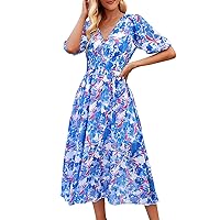 Women Summer Dresses 2024 Floral Print Boho Dress Short Sleeve Wrap Round Neck Ruffle Belted A-Line Flowy Maxi Dresses Dresses for Women 2024 Wedding Guest (#3-Blue,Medium)