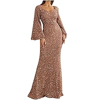Long Evening Gown for Women Formal Shimmer Sequin Evening Dress Fashion Flare Sleeve Square Neck Glitter Sparkle Dress