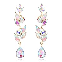 EVER FAITH Leaf Earrings Wedding Crystal Dangle Drop Marquise Art Deco Rhinestone Chandelier Earrings for Women Blue Gold Tone