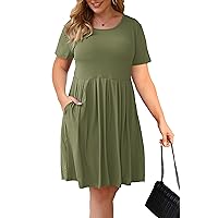 AUSELILY Women's Plus Size Round Neck Pleated Swing Dress with Pockets Knee Length