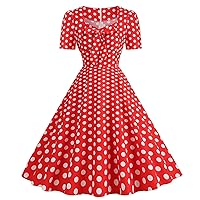 Womens 1950s Square Neck Bowknot Vintage Swing Dresses Hepburn Style Cocktail Dress Polka Dots Short Sleeve Tea Dress