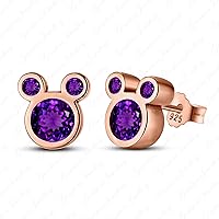 Fancy Mickey Mouse Earrings In 18k Rose Gold Over Round Amethyst Pure 925 Silver