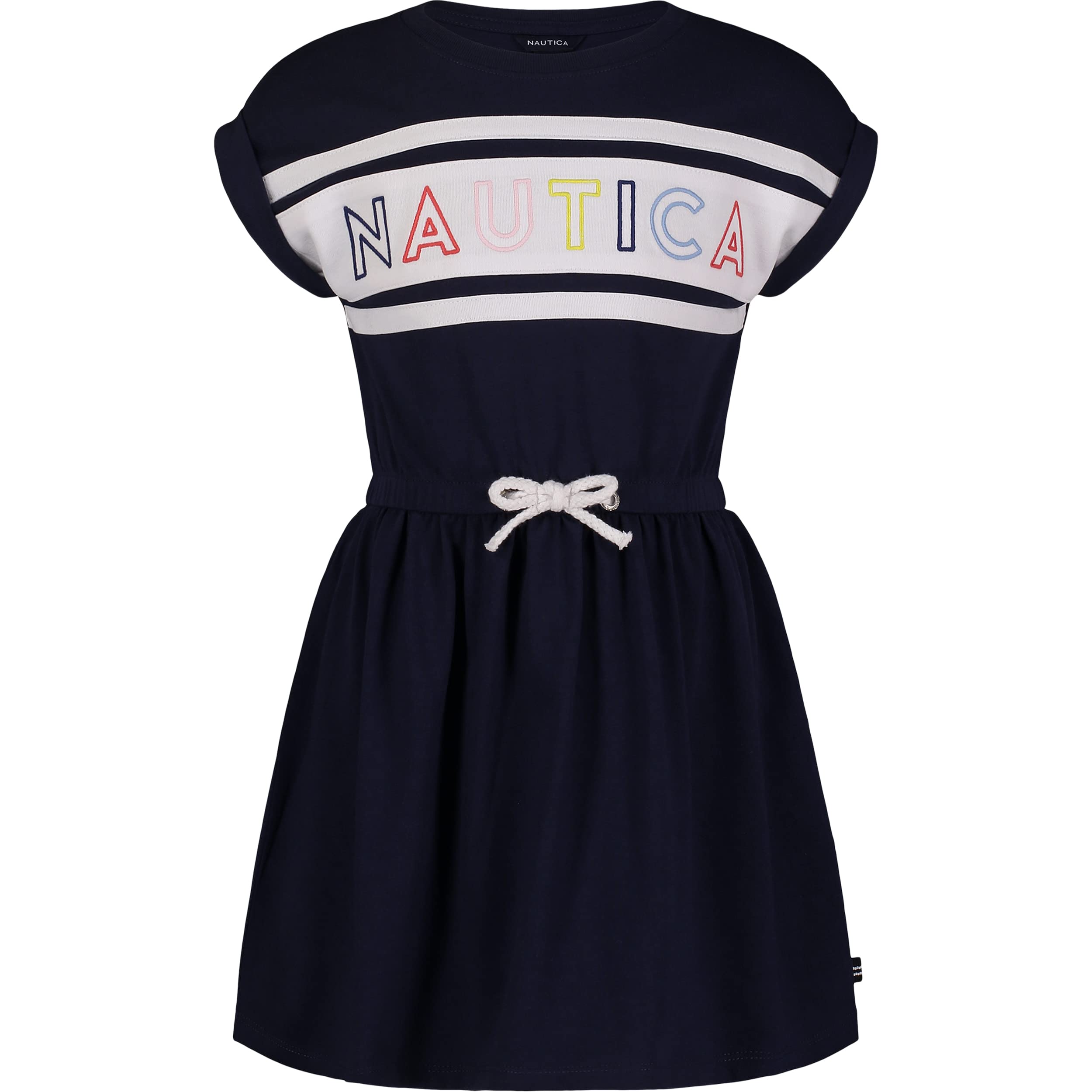 Nautica Girls' Short Sleeve Jersey Tee Dress with Elastic Cinched Waist, Fun Designs & Colors, Peacoat Billboard, 6X