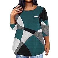 Fashion Plus Size Tops for for Women Sexy 3/4 Length Sleeve Oversized Shirts Crewneck Cute Print Loose Clothes