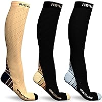 Physix Gear Sport 3 Pairs of Compression Socks for Men & Women in (Black/Grey + Black/Beige + Nude Beige) L-XL Size