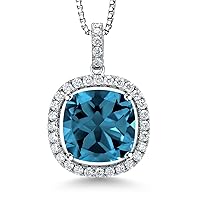 Gem Stone King 925 Sterling Silver London Blue Topaz and White Moissanite Pendant Necklace For Women (14.25 Cttw, Gemstone Birthstone, Cushion 14MM, with 18 Inch Chain)