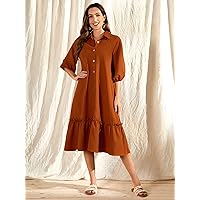 2023 Women's Dresses Lantern Sleeve Ruffle Hem Shirt Dress Women's Dresses (Color : Brown, Size : Large)