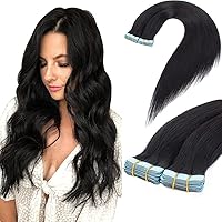 Amella Hair Tape in Hair Extensions Natural Black Real Remy Hair Extensions Seamless Straight Human Hair Extensions 20pcs 50g 20inch,Natural Black Color