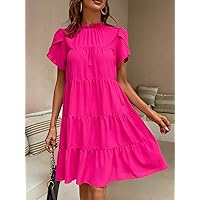 Dresses for Women - Frill Neck Petal Sleeve Ruffle Hem Smock Dress (Color : Hot Pink, Size : X-Large)