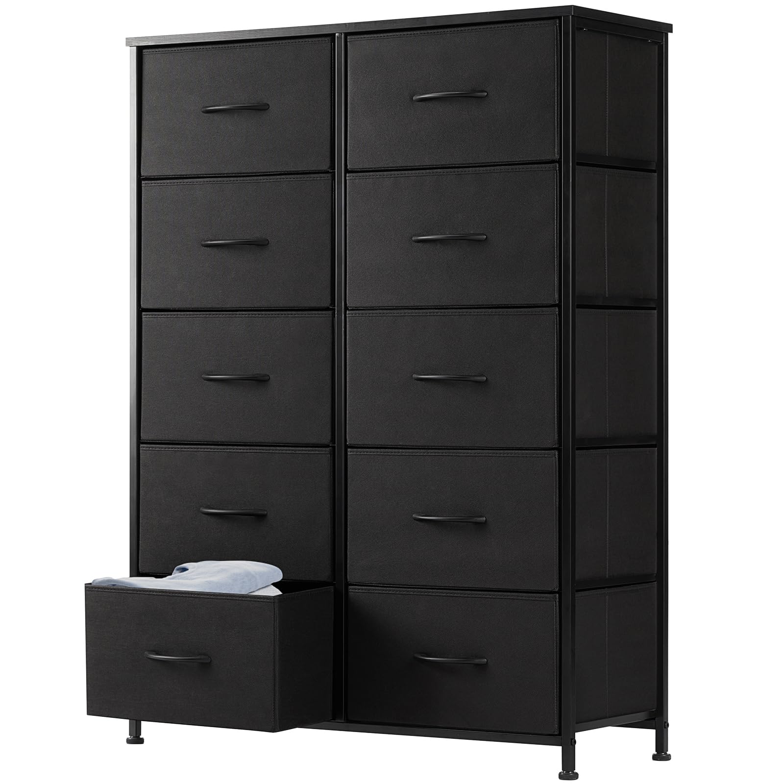 Dresser for Bedroom, Tall Storage Drawers, Fabric Storage Tower with 10 Drawers, Chest of Drawers with Fabric Bins, Sturdy Metal Frame, Wood Tabletop for Kids room, Closet, Entryway, Nursery, Black